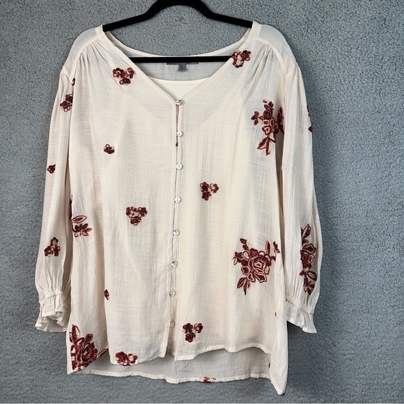 Figueroa & Flower Top Women XL Cream Floral Embroidered Country Boho Feminine - Picture 2 of 10